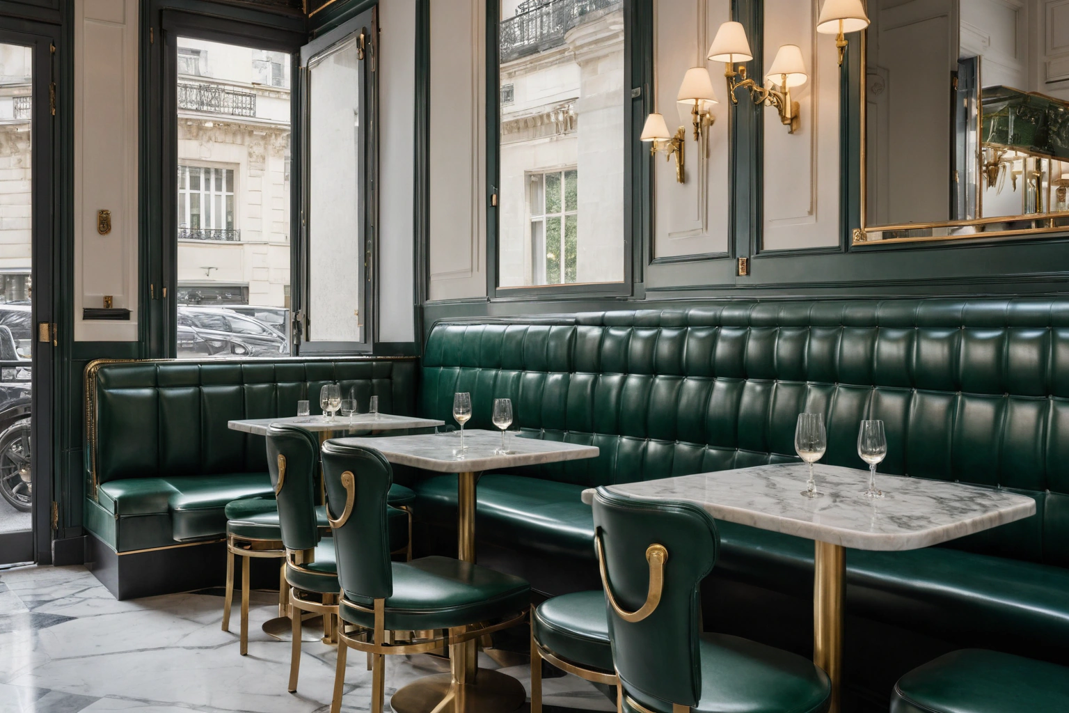 Upholstered banquette seating along a restaurant wall