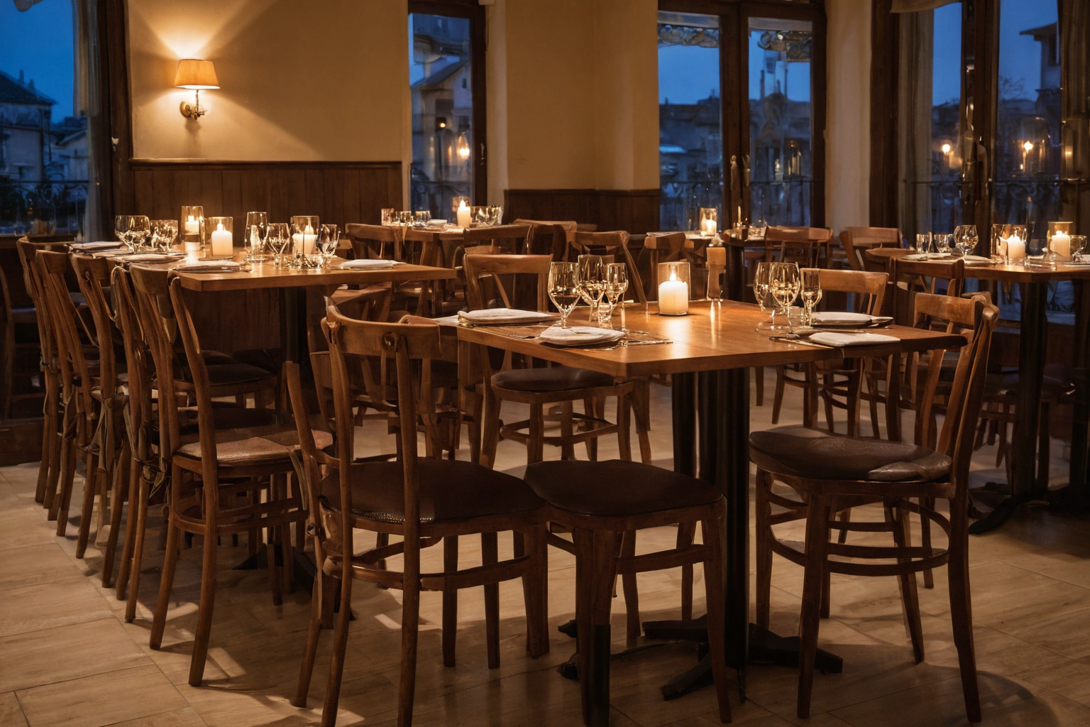 Restaurant dining room with durable wooden chairs